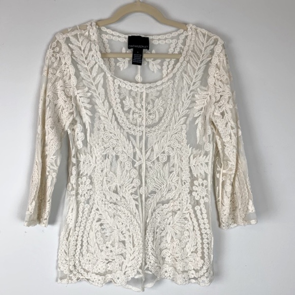 Cynthia Rowley Off White Boho Sheer Lace Embroidered Top Sz S‎